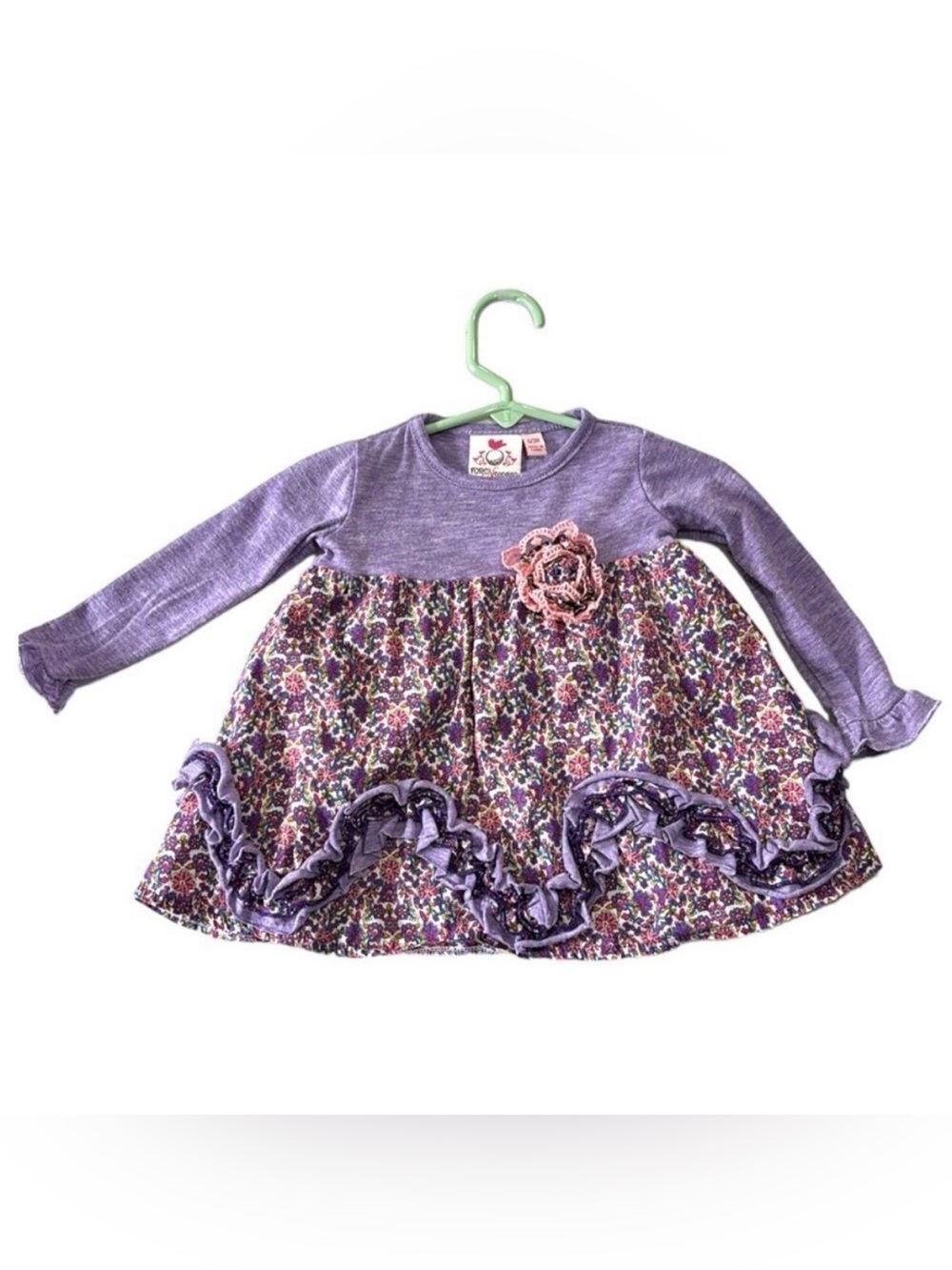 Fore N Birdie Purple Floral Infant Baby Girls Ruffle Long Sleeve Dress Size 6-9M